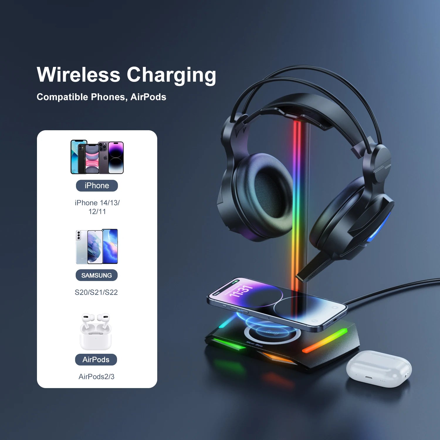 New Bee Z12 RGB Headphones Stand Holder with Wireless Charger Base Desk Gaming Headset Holder Non-Slip Rubber Base