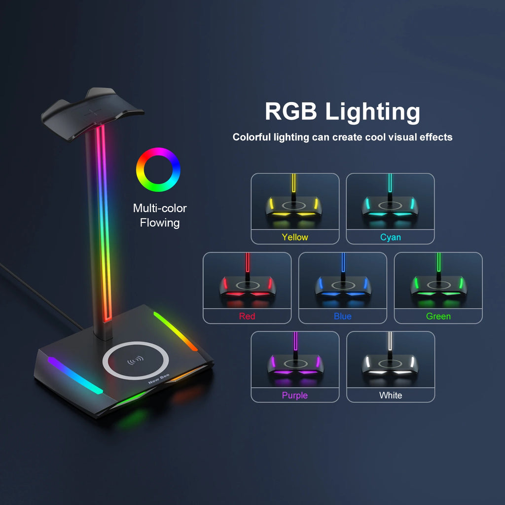 New Bee Z12 RGB Headphones Stand Holder with Wireless Charger Base Desk Gaming Headset Holder Non-Slip Rubber Base