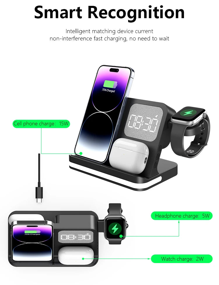 Four in one desktop clock wireless charger that can charge phones, headphones, and watches simultaneously