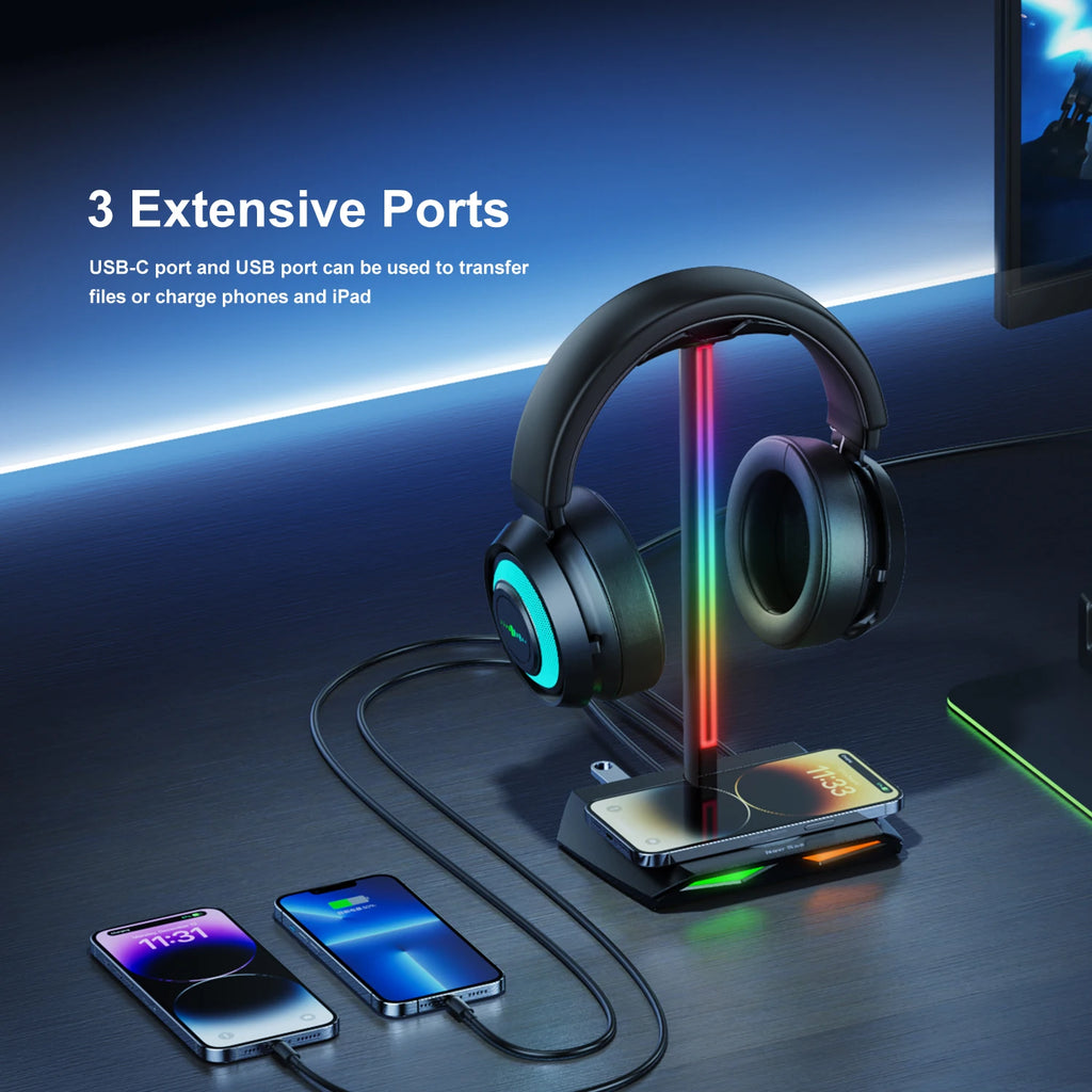 New Bee Z12 RGB Headphones Stand Holder with Wireless Charger Base Desk Gaming Headset Holder Non-Slip Rubber Base