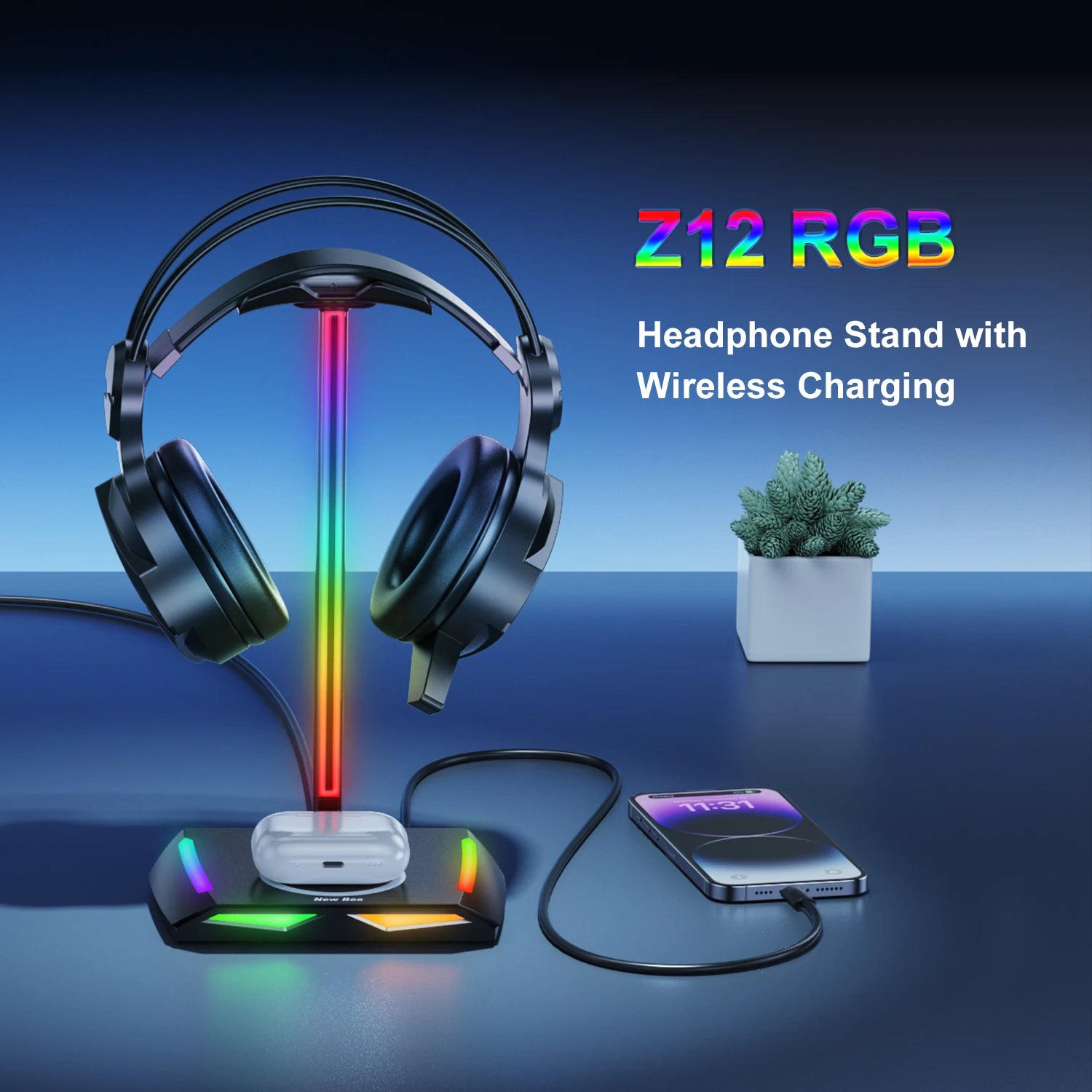 New Bee Z12 RGB Headphones Stand Holder with Wireless Charger Base Desk Gaming Headset Holder Non-Slip Rubber Base