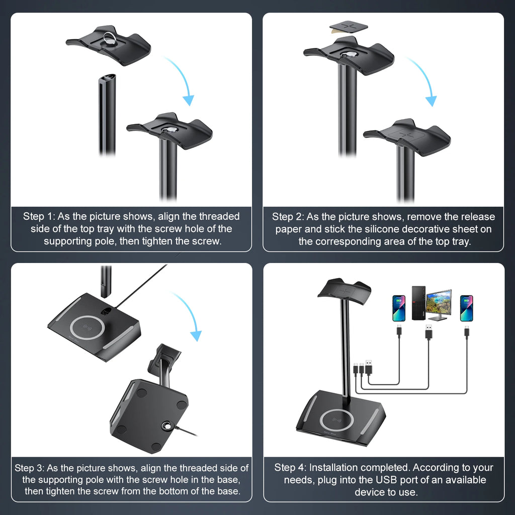 New Bee Z12 RGB Headphones Stand Holder with Wireless Charger Base Desk Gaming Headset Holder Non-Slip Rubber Base