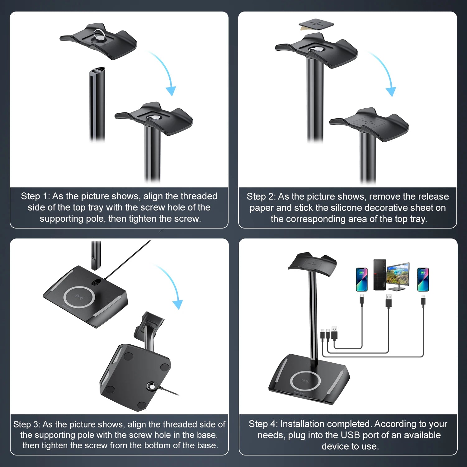 New Bee Z12 RGB Headphones Stand Holder with Wireless Charger Base Desk Gaming Headset Holder Non-Slip Rubber Base