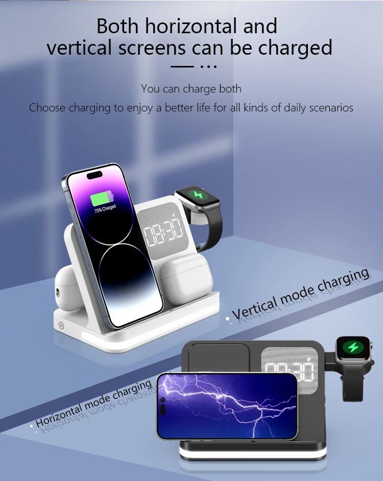 Four in one desktop clock wireless charger that can charge phones, headphones, and watches simultaneously