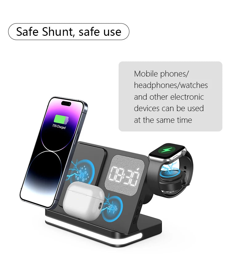 Four in one desktop clock wireless charger that can charge phones, headphones, and watches simultaneously