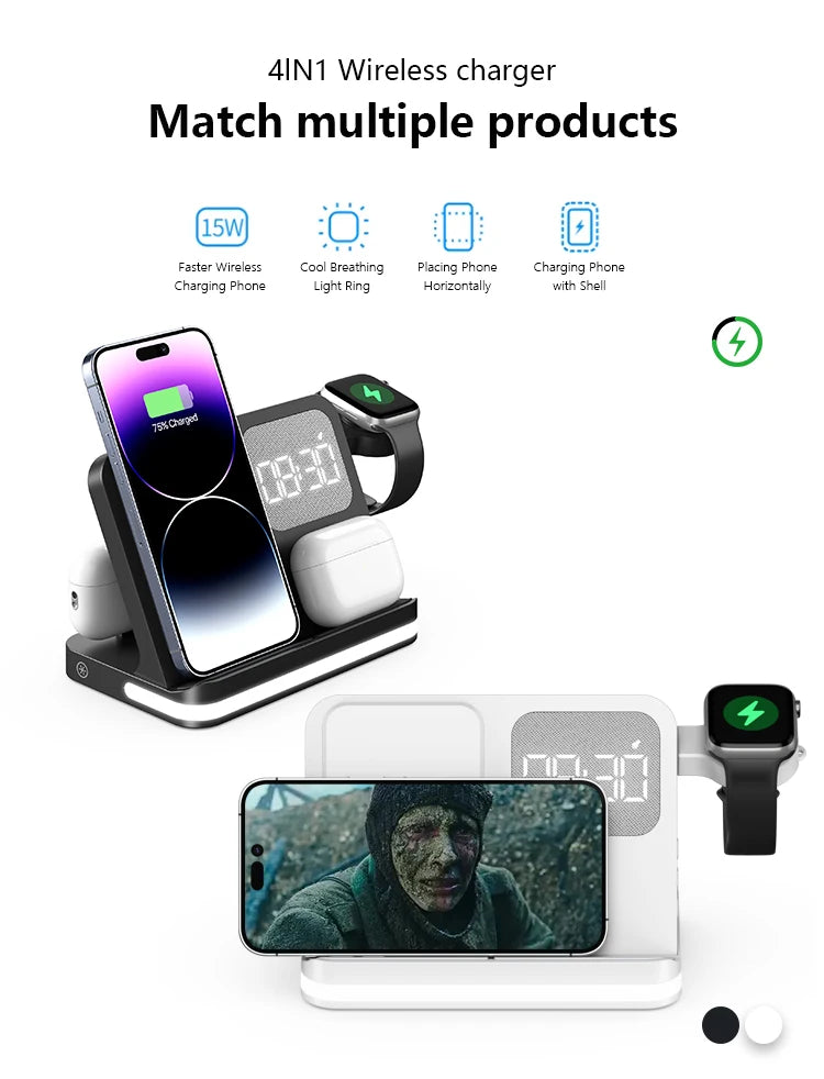 Four in one desktop clock wireless charger that can charge phones, headphones, and watches simultaneously