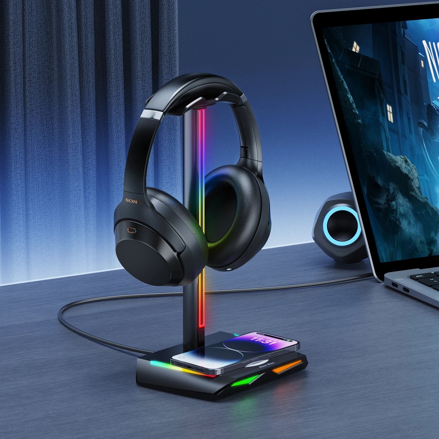 New Bee Z12 RGB Headphones Stand Holder with Wireless Charger Base Desk Gaming Headset Holder Non-Slip Rubber Base