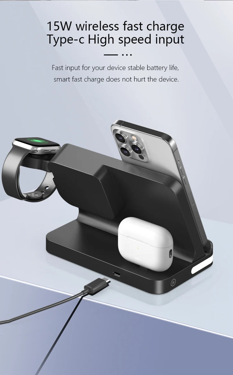 Four in one desktop clock wireless charger that can charge phones, headphones, and watches simultaneously
