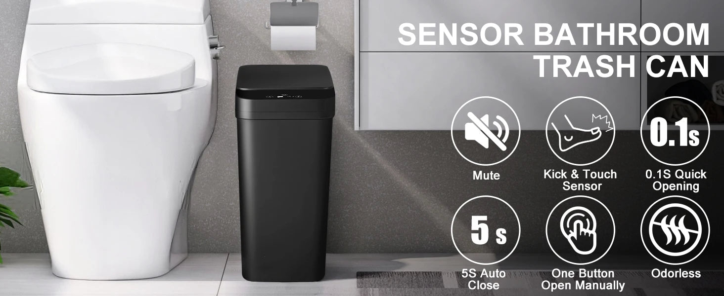 2 Pack 12L & 18L Automatic Trash Can Bathroom Touchless Motion Sensor Garbage Can with Lid for Bedroom living Room Kitchen Black
