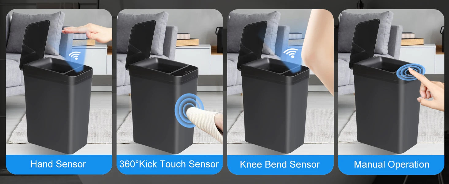 2 Pack 12L & 18L Automatic Trash Can Bathroom Touchless Motion Sensor Garbage Can with Lid for Bedroom living Room Kitchen Black